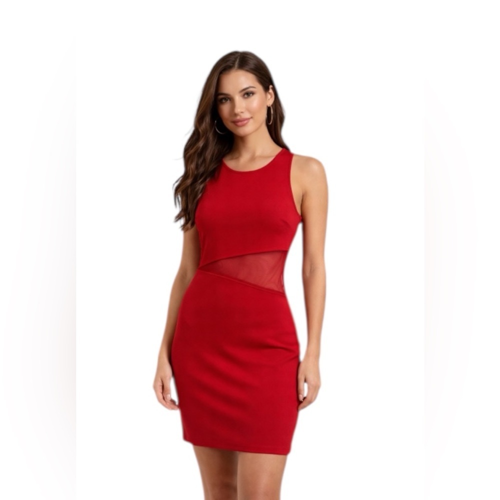 Am That jazz Red Sleeveless Dress with Mesh Waist Panel Size M New